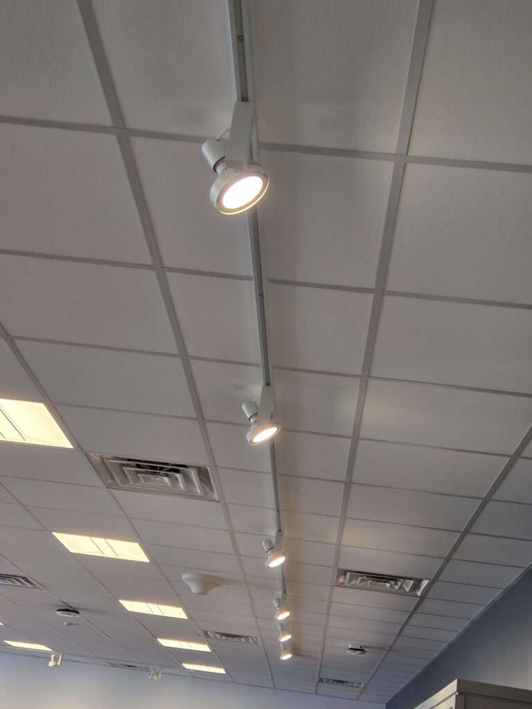 Ceiling with grid panels and track lighting fixtures.